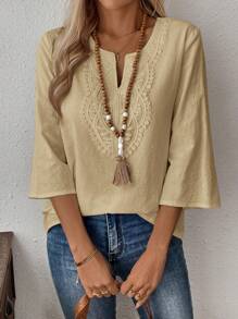 EMERY ROSE Solid Color Short Sleeve V-Neck Simple Fashionable Shirt, Suitable For Summer Cotton - Khaki - View 4