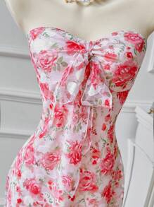 INAWLY Women's Floral Print Front Knot Bandeau Short Dress, Vacation Wear - Pink - View 2