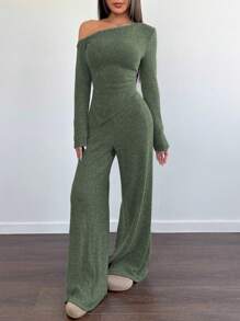 SHEIN Unity 2 件套女士冬季休闲蓬蓬不对称肩T恤 + 低腰阔腿裤套装 - 軍綠色 - 查看 5