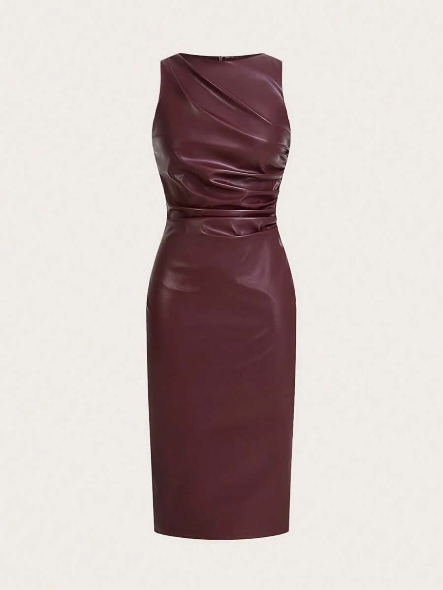SHEIN Essnce Plus Size Women's Spring And Autumn Fashion Casual Elegant Sexy Wine Red PU Slim Sleeveless Dress,Curve Dress,Bodycon,Y2k Clothes,Birthday Outfits For Women,Western Clothes For Women,Valentine's Day - Burgundy - View 1