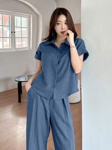 DAZY 女款纯色衬衫和阔腿裤两件套 - 淺藍色 - 查看 6