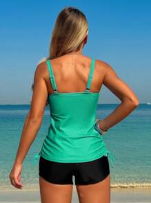 Swim Lushoire 2pcs Palm Tree Print Modest Tankini Two Pieces Swimwear Set For Women For Summer Beach Vacation - Mint Green - View 2