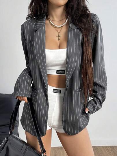 Coolane Women's Fall/Winter Streetwear Striped Office Wear Business Professional  Grey Suit Jacket /Blazers