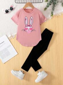 2 件套年轻女孩休闲简约复活节兔子图案短袖上衣和紧身裤套装，适合夏季 - 彩色 - 查看 3