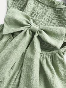 少女露背镂空大蝴蝶结纯绿色纹理面料无袖优雅度假连衣裙 - 綠色 - 查看 13