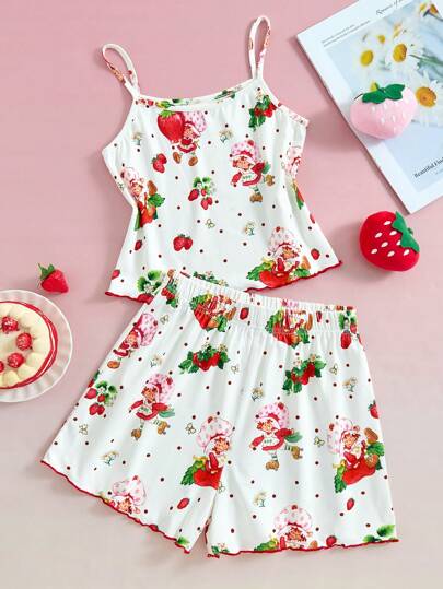 Strawberry Shortcake X SHEIN Conjunto de pijama informal de 2 piezas con top camiseta y shorts estampado de niña fresa y pan de jengibre en estilo Y2K para preadolescentes, ideal para primavera/verano