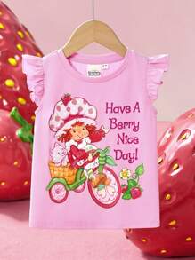 Strawberry Shortcake X SHEIN Young Girl Strawberry Printed Cute Short Cap Sleeve T-Shirt