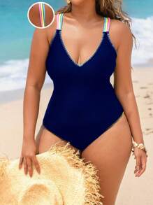 Swim SPRTY Costume intero da donna taglie forti, nero tinta unita, sexy e senza schiena, con cinturini colorati sulle spalle e bordo a forma di dente di squalo, elegante per le vacanze - Blu Navy - Visualizzare 6