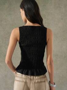 LYSMO Áo hai dây xếp ly đàn hồi phong cách Boho mới về năm 2025 dành cho nữ - màu đen - Xem 2