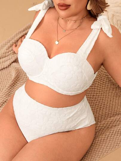 Swim Mod Plus Size Women White Solid Color Strap Halter Padding Wire Bra Two Pieces Swimwear, Elegant Bowknot Decor High Waist Triangle Bottoms, Casual Vacation Beach Swimwear For Summer
