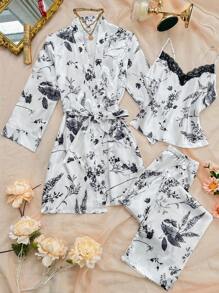 女士 3 件套：优雅花卉印花蕾丝拼接吊带背心、裤子和长袍