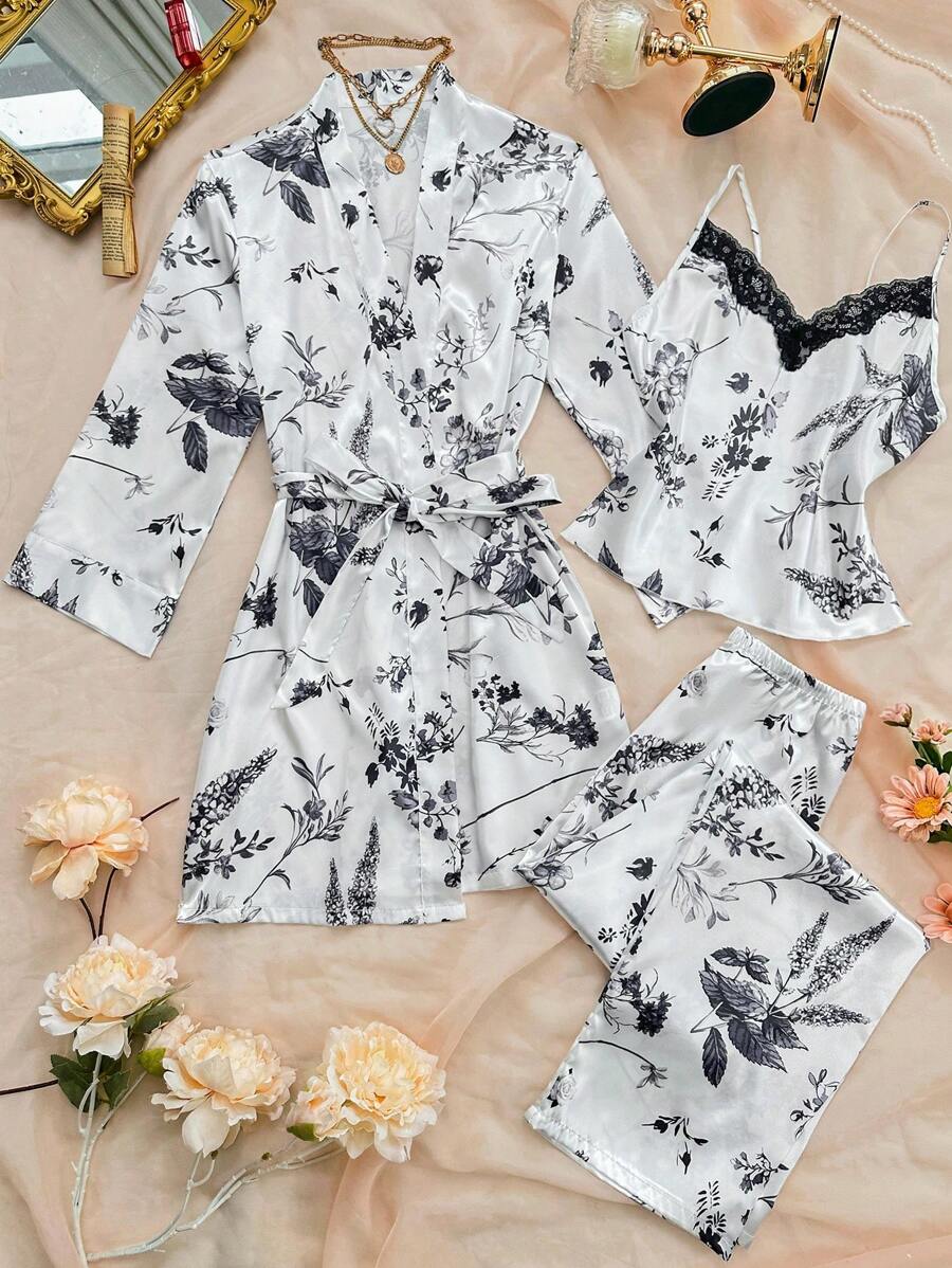 女士 3 件套：优雅花卉印花蕾丝拼接吊带背心、裤子和长袍