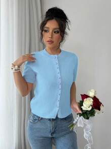 Gloray New Loose Fit Casual Knit Top, Pink Simplistic Button Decoration Short Sleeve Sweater For Women, Autumn/Winter