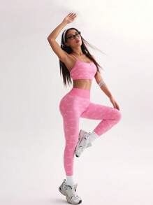 SHEIN Sport Studio Women's Bow Printed Halter Top And Sweatpants Sports Suitwomen Workout Set
