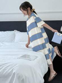 Dazy Kids 青少年女孩条纹短袖针织家居服套装，夏季 - 藍色 - 查看 5