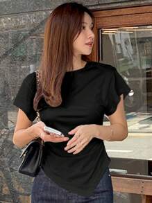 DAZY 女式修身不对称下摆腰部收褶 T 恤夏季 - 黑色 - 查看 3
