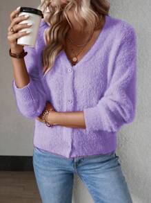 Ellegaria. 女士纯色长袖单排扣貂毛短款开衫 - 紫色 - 查看 7