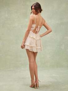 L'Amorae Summer Sexy Solid Color Ruffle Wrap Back Spaghetti Strap Mini Dress - Beige - View 4