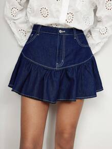 Maija Women's Blue Denim Skirt With Ruffle Hem - Dark Wash - View 6