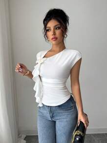 Elenzga Dames Lente/Zomer Elegante Modieuze Getailleerde Gerimpelde 3D Bloemen Decoratieve Gebogen Zoom Korte Mouw T-shirt, Geschikt Voor Dagelijks Casual, Feest, Woon-werkverkeer