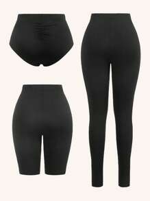 SHEIN SXY 春夏装服装度假海滩优雅休闲音乐节夜店家居服黑色高弹针织超剪裁紧身短裤热裤四分紧身骑行裤长款紧身打底裤三件套