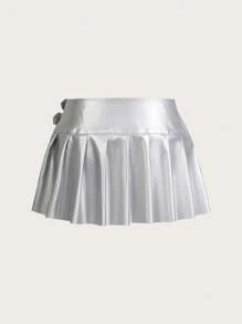 SHEIN ICON 女士银色低腰双腰带褶皱开衩中长裙 - 銀色 - 查看 2