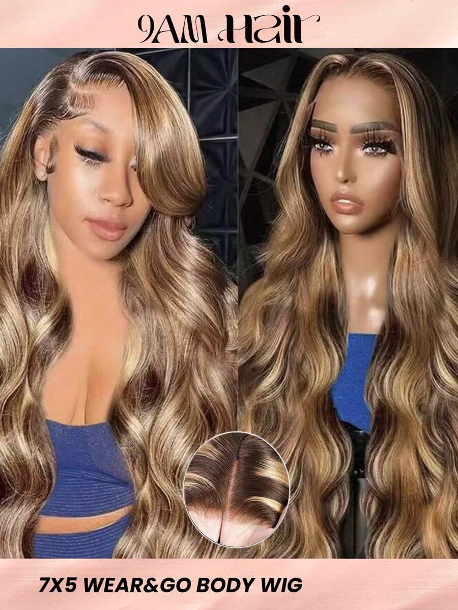 Wear And Go Glueless Highlight P4/27 7x5 Body Wave Wigs Human Hair Pre Plucked Pre Cut Transparent Lace Closure Wigs 180% Density Beginner Friendly - S4/27 - View 1
