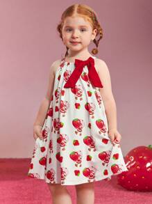 Strawberry Shortcake X SHEIN 年轻女孩休闲可爱草莓印花蝴蝶结装饰连衣裙，适合春夏季和户外野餐派对 - 紅白色 - 查看 8