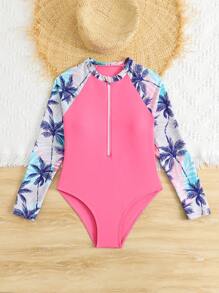 SHEIN Đồ bơi liền thân dài tay có khóa kéo cho bé gái tuổi teen, đơn giản và thời trang, phù hợp cho mùa hè - Màu Hồng  San hô - Xem 6