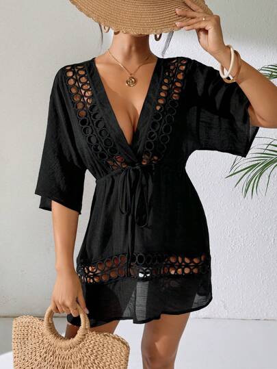 SHEIN Swim Women's Black Deep V-Neck Casual Cover Up For Spring & Summer