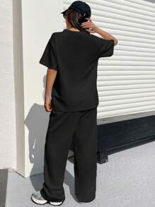 Muchica 女士棉质休闲宽松 T 恤和阔腿裤 2 件套 - 黑色 - 查看 2