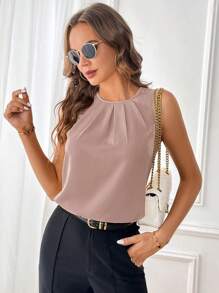 SHEIN Clasi Women's Solid Color Pleated Round Neck Sleeveless Casual Blouse