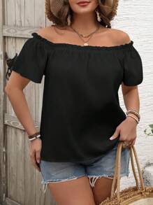 SHEIN VCAY Blusa informal de manga corta hombros descubiertos de unicolor para mujer en tallas grandes - Negro - Ver 7