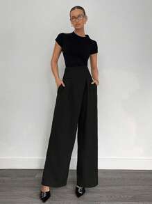 Siren Gaze Dunkelgraue, hochgeschnittene, weite Hose mit hoher Taille, schlankmachenede Business-Hose für Damen