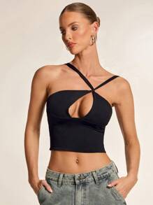 Glamine 性感黑色不对称无袖镂空不对称领口上衣，生日背心，节日派对背心，女士约会之夜背心，基础款上衣，外出上衣，夜店装 - 黑色 - 查看 6