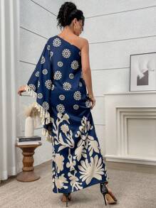Al Najma Women's Floral Print Batwing One Shoulder Fringe Design Loose Super Long Dress
