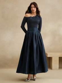 Anewsta 女士优雅 3D 花卉刺绣和串珠修身不对称肩斜针织 T 恤上衣，亲肤节日、外出、度假 - 藏蓝色 - 查看 4