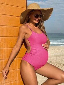 SHEIN Maternity Ribbed Elegant Backless One-Piece For Summer Beach Vacation - Hot Pink - View 1