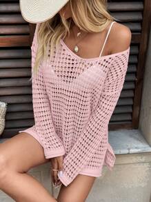 LanaWest Women's Vacation Solid Color Drop Shoulder Long Sleeve Casual Loose Cover Up Top For Summer