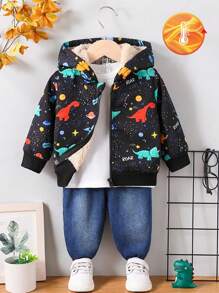 2 piezas/Set Ropa de invierno para bebés niños y niñas: Chaqueta de forro polar con estampado adorable, con pantalones de mezclilla largos a la moda, adecuado para viajes al aire libre - Negro - Ver 1