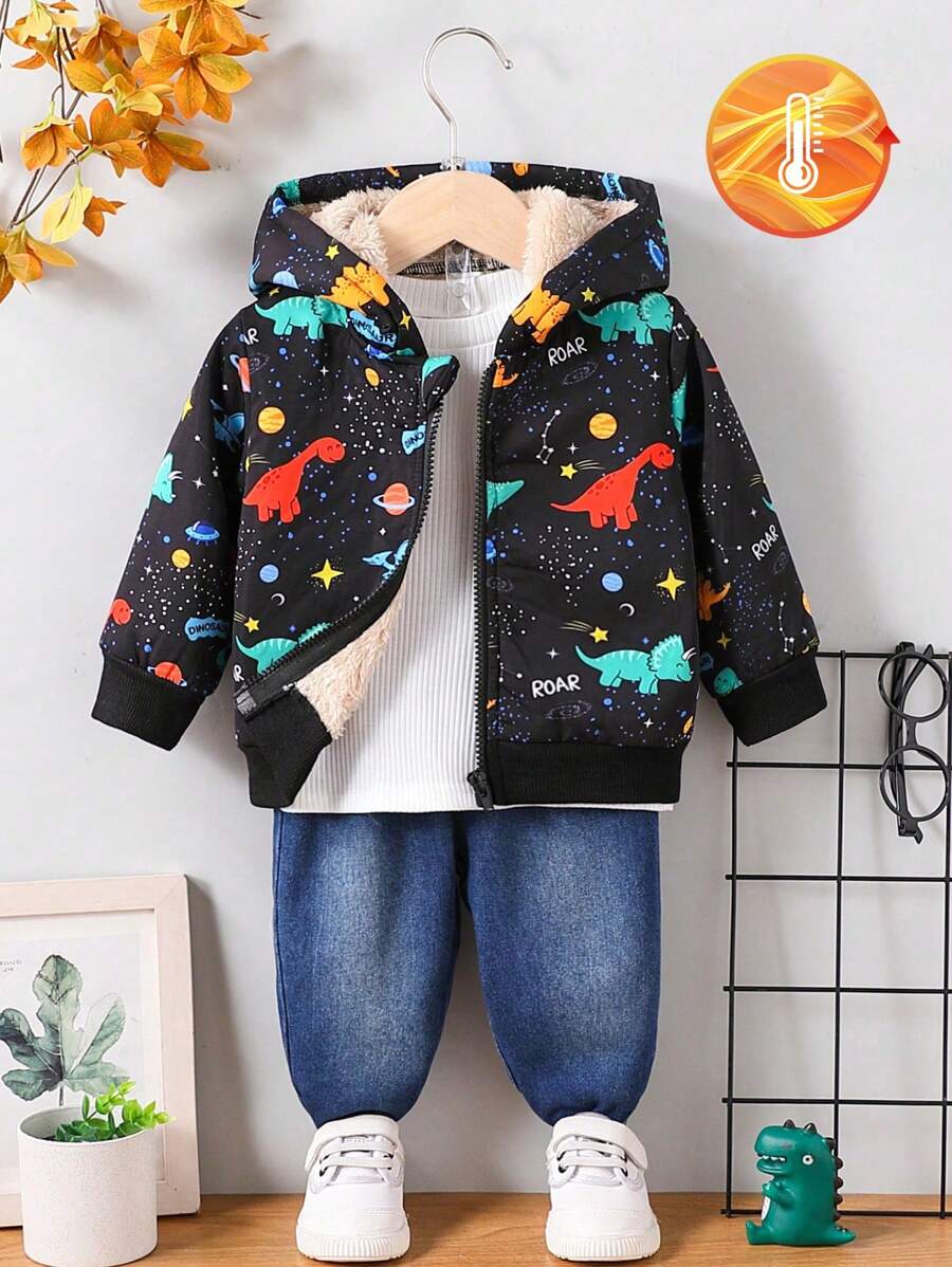 2 piezas/Set Ropa de invierno para bebés niños y niñas: Chaqueta de forro polar con estampado adorable, con pantalones de mezclilla largos a la moda, adecuado para viajes al aire libre - Negro - Ver 1