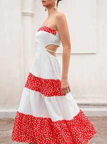 Aveloria Rosie 优雅别致度假拼色碎花细肩带露背荷叶边拼接 A 字长裙女式波西米亚风度假时尚风格夏季春秋季 - 彩色 - 查看 5