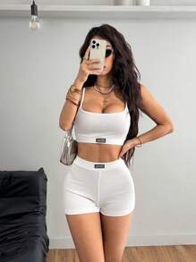 Coolane Women's Cool Street Style Ultra Cropped Tank Top And Branded Shorts Two Pieces Set - White - View 5