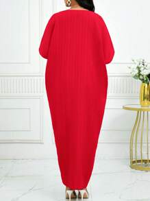 SHEIN Lady 女士纯色 V 领蝙蝠袖休闲连衣裙 - 紅色 - 查看 2