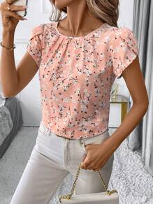 SHEIN Clasi Women's Casual Ditsy Floral Printed Short Sleeve Shirt For Vacation - Pink - View 3
