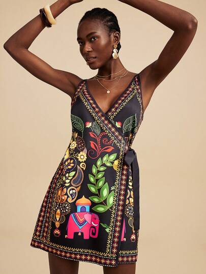 Travachic Women's Holiday Botanical Print Wrap & Tie Cami Mini Dress, Wrap Dresses For Women, Tropical Dresses For Women,Bohemia