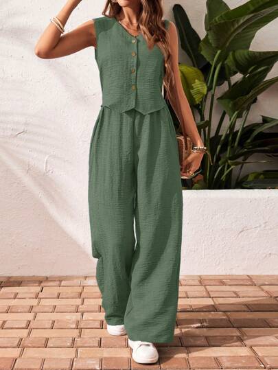 SHEIN Frenchy Women Solid Color V-Neck Sleeveless Tank Top And Pants Set, Minimalist Fashion Suitable For Summer, 2pcs/Set,Summer Sets Green Casual Christmas