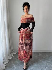 Rafferiza 优雅浪漫性感修身露肩长裙 - 橘色 - 查看 3