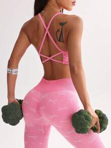 SHEIN Sport Studio Women's Bow Printed Halter Top And Sweatpants Sports Suitwomen Workout Set
