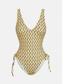 Maija Maillot de bain une pièce femme à imprimé géométrique col V, style décontracté vacances. Style bohème moderne pour plage et villégiature, tenue de festival style exotique, vacances d'été, dopamine.